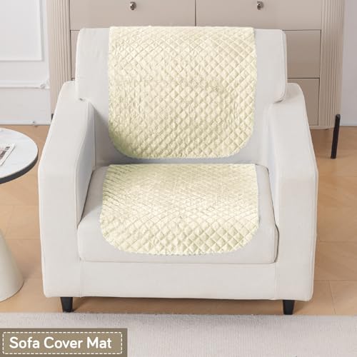 Image of HOKIPO Quilted Sofa Cover 1 Seater for Seat & Back, Washable Kids & Pet Friendly Sofa Cover, 'Quilt Classic' Beige (IN-925-BEIGE*2)