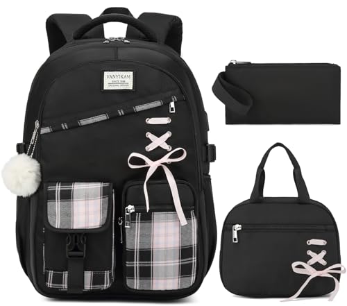 Image of Cute School Backpack for Teen Girls, 3Pcs Kids Bookbag with Lunch Box Pencil Pouch for Elementary Middle High School College, Water Resistant Laptop Backpacks Back to School Gift Black Pink Tartan