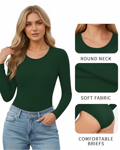 Image of Mangopop Women' Long Sleeve Ribbed Bodysuit Jumpsuits