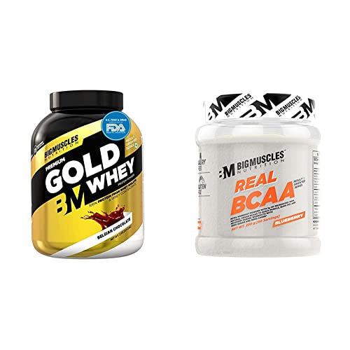 Image of Bigmuscles Nutrition Premium Gold Whey 2kg [Belgian Chocolate] with Free T-Shirt and Bigmuscles Nutrition Real BCAA [50 Servings, Blueberry]