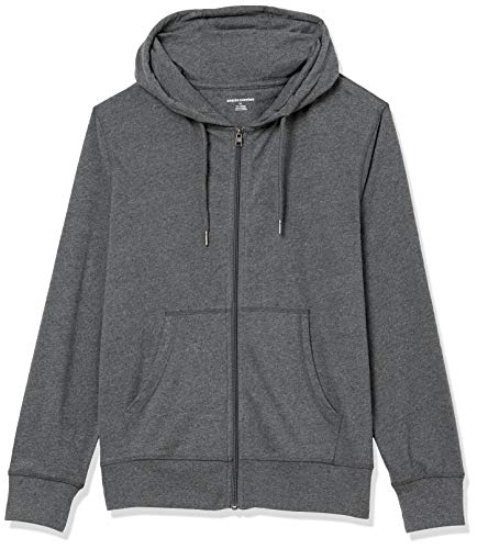 Amazon Essentials Men's Lightweight Jersey Full-Zip Hoodie, Charcoal Heather, Large
