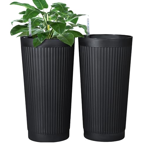 FENCY 2Pack 24IN Self Watering Planter for Indoor Plants, Plastic Large Planter for Outdoor Plants, Water Level Indicator& Spacious Reservoir Flower Planter Decorative(Black)