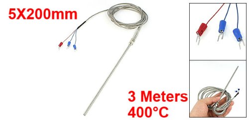 Uxcell PT100 Thermocouple Sensor with dimensions labeled: 5x200mm probe, 3 meters total length, 400 degrees Celsius maximum temperature.