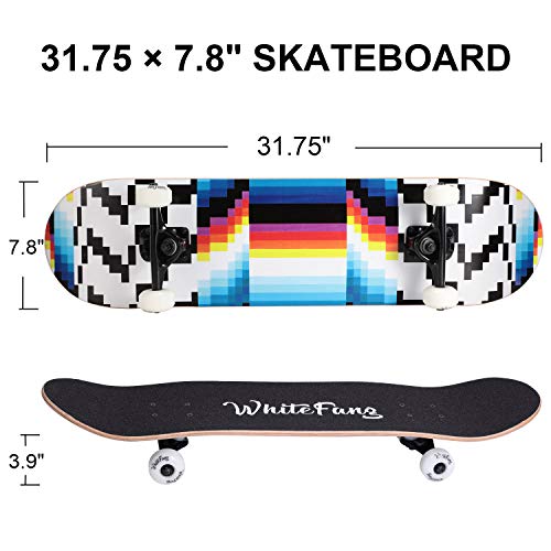 Image of WhiteFang Skateboards for Beginners, Complete Skateboard 31 x 7.88, 7 Layer Canadian Maple Double Kick Concave Standard and Tricks Skateboards for Kids and Beginners