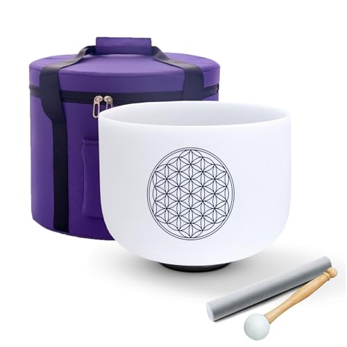 Bol chantant cristal 528 Hz note do quartz 20,3 cm fleur de vie avec sac de transport