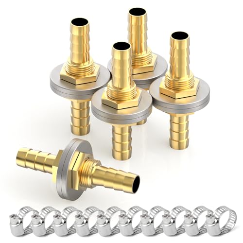 GORAGUCHI 5PCS Brass Hose Barb Bulkhead Fitting Thru-Bulk Head Hex Union, 3-8 to 3-8 Barb Hose, with 10PCS Hose Clamp, for Fuel-Airl-Water-Gas-Oil