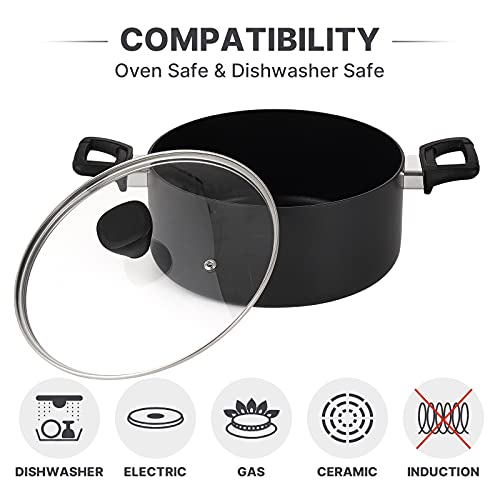4.94 Quart Nonstick Stockpots Hard-Anodized Aluminum Large Stock Pot With Glass Lid, Black #TOP1