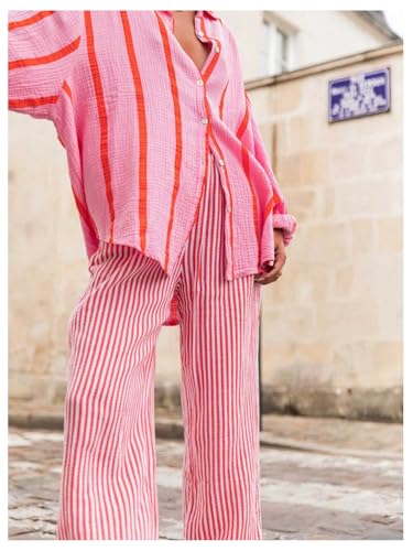 GORGLITTER Women's Striped Wide Leg Pants Gingham Elastic Waist Lightweight Palazzo Pants Going Out Trousers3