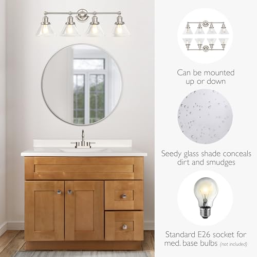 Image of Design House Augustin Vanity Light, 4-Light, Seeded Glass Warm Glow, Dimmable, Up /Down Glow, Easy Installation, E26 Socket, Satin Nickel, 34.9 in L x 8.3 in D x 11.1 in H, 589044-SN