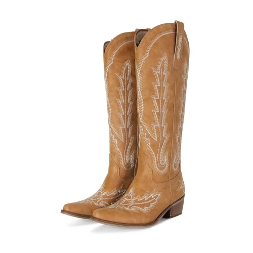 Image of STALOV Cowboy Boots for Women Pull On Chunky Heel Boots Knee High Cowgirl Boots Western Pointed Toe Boots Embroidered Suede Boots