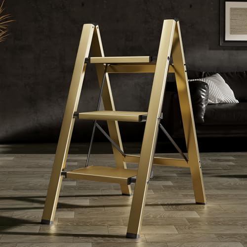 HillhutApex 3 Step Stool, Aluminum Foldable Step Ladder, Lightweight Stable Stool with Wide Non-Slip Pedals, 330lbs Bearing Capacity Ladder for Office,Home,Kitchen - Gold by HillhutApex - Image 8