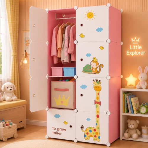 Image of Plastic Wardrobe for Clothes | Plastic Almirah for Kids | 8-Cube Baby Cupboard for Clothes Storage | Portable Collapsible Wardrobe | DIY Kids Almirah for Bedroom - Cute Animal Print