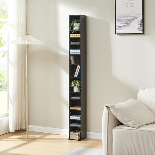 [en.casa] Estantería para CDs Tynset Soporte para DVDs Recuerdos Librería con 12 Compartimientos Estantes Ajustables en Altura Aglomerado 175 x 20 x 20 cm - Negro