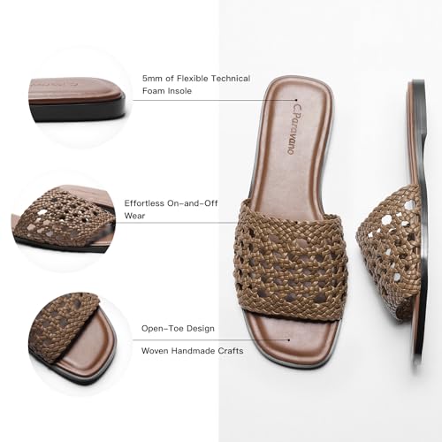 Image of C.Paravano Womens Slides Woven Flats Raffia Sandals Summer Beach Slip ons | handmade woven crafts, Nappa lambskin Insole, Lightweight, Open toe