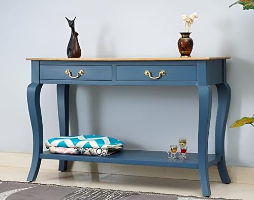 Image of Wooden Console Table with 2 Drawers, Natural Wood Top, Curved Legs, Entryway Sofa Table, Sheesham Wood Study Table with Shelf Storage, 46Lx17Wx30H Inches. (Denim Blue)