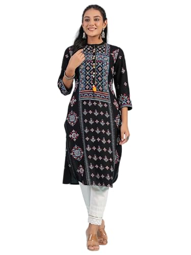 Image of Juniper Black Ethnic Motif Printed Rayon Calf Length Straight Kurta with Kaudis Kantha Work & Sequins