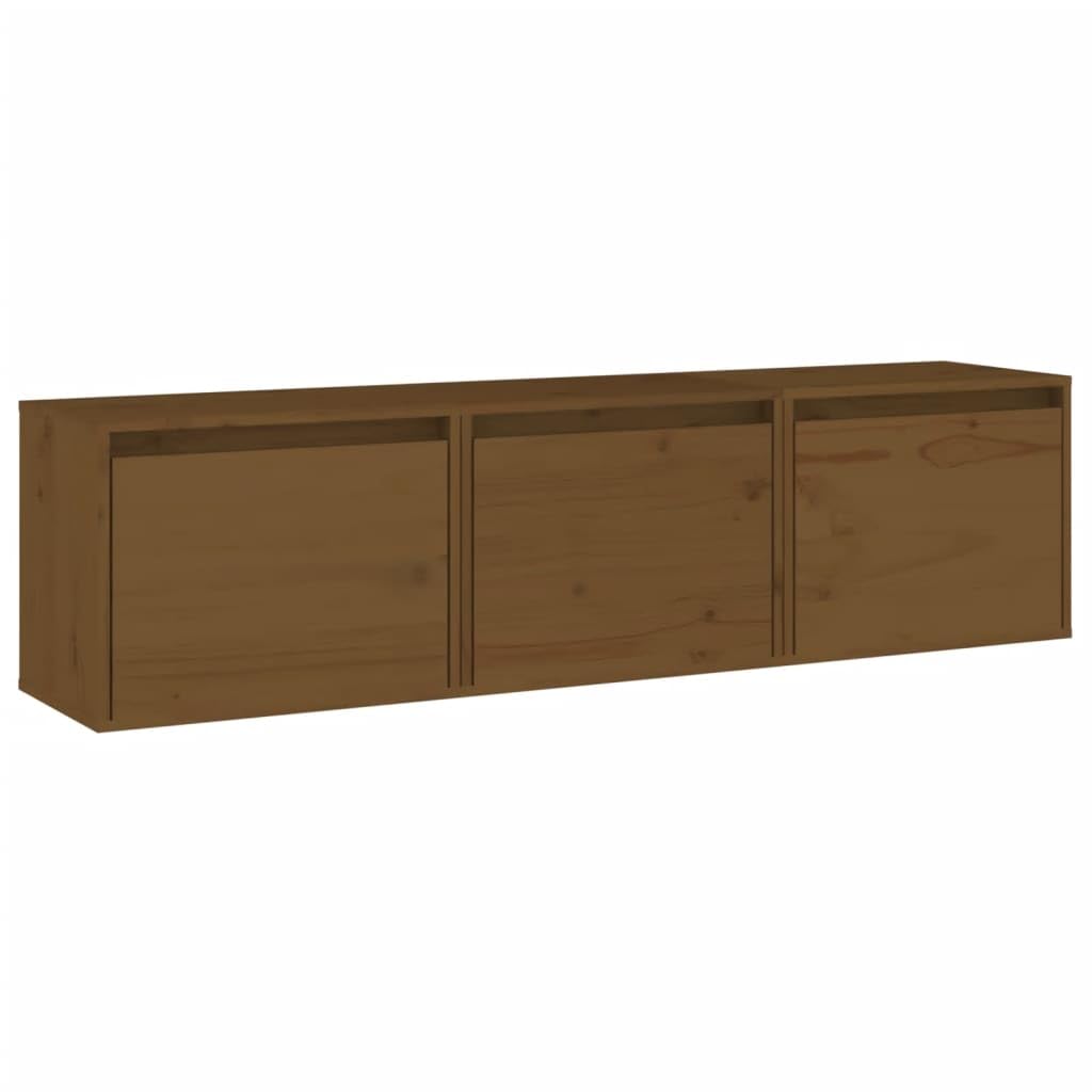 3-Piece Solid Pine Wood Floating TV Stand | Each honey brown wall-mounted unit measures 45x30x35 cm, providing space-saving storage for living room media centers.