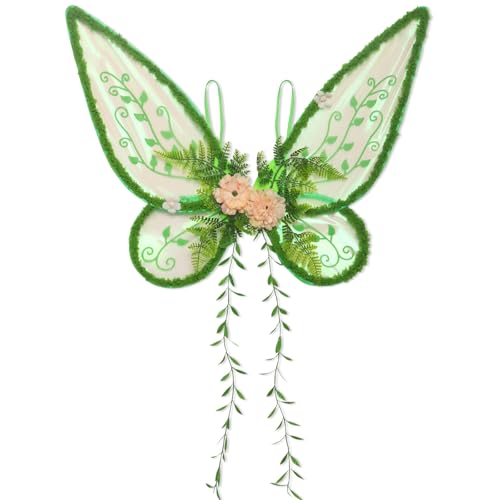ALIBBON Green Fairy Wings Costume for Women Adults, Organza Woodland Butterfly Wings with Flowers Leaves Vines for Halloween Renaissance Party Favor Cosplay Dress Up Accessories Holiday Decorations