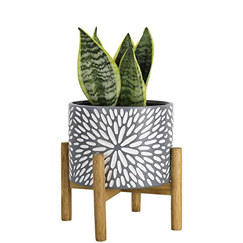Image of LA JOLIE MUSE Ceramic Planter with Wood Stand - 8 Inch Unique Modern Flower Pots Indoor with Wood Planter Holder and Drainage, Frost Gray