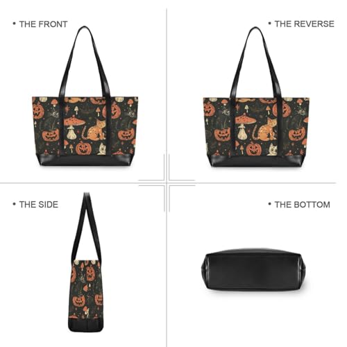 KLL Halloween Cats Pumpkins Mushrooms Bold Linework Style Sturdy large laptop tote bag with zipper work totes Large Handbag for travel with cartera para laptop de mujer3