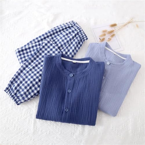 Rfmfkkg Men'S Color Contrast Japanese Plaid Home Suit Cotton Crepe Long Sleeve Pajamas Set2