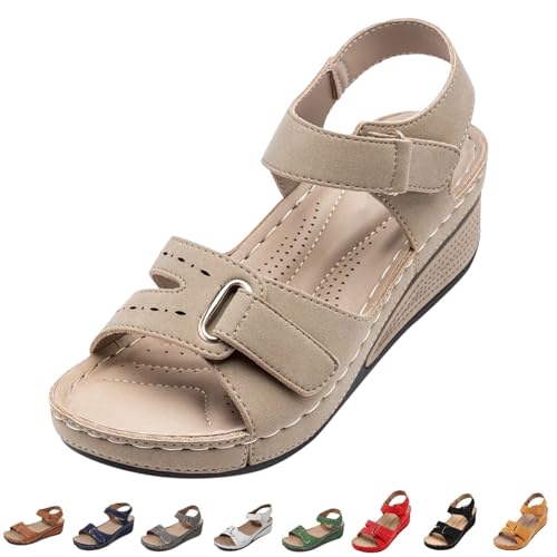 Image of Walking Sandals for women UK Size 4 9 7 8 Orthopedic Plantar Fasciitis Shoes Black White Comfort Open Toe Ankle Strap Wedge Sandals Summer Wide Fit Cushion Beach Shoes Leather Sandal with Arch Support