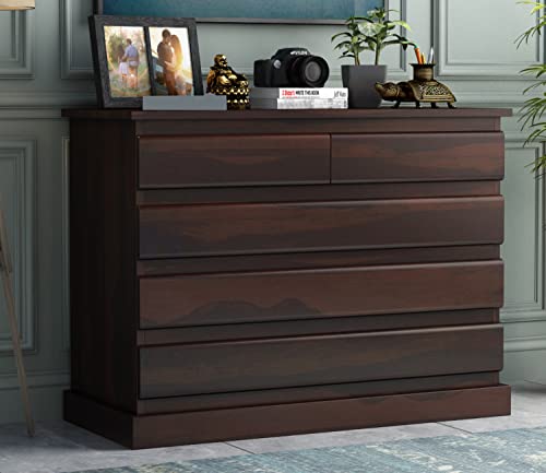 Image of Sheesham Wood Chest of Drawers 5 Drawers Wooden Dresser with Storage Organizer for Bedroom Living Room Home (Walnut Finish)