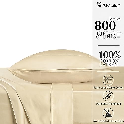 URBANHUT 800 Thread Count Egyptian Cotton Sheets Set Twin Size, Long Staple Sheets, Soft & Breathable, 3 Pc Bed Sheet Sets, Luxury Hotel Sateen Sheets Fits 16" Deep Pocket - Sand