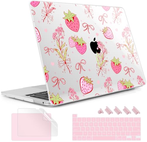 May Chen Case for MacBook Pro 13 inch M2 2023,2022,2021,2020 A2338 M1 A2251 A2289, Plastic Hard Shell Cover for MacBook Pro 13" with Touch Bar Fits Touch ID, Strawberry Bow