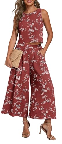 Lepunuo Womens Summer 2 Piece Outfits Sleeveless Crop Top Flowy Wide Leg Pants Matching Sets Vacation Beach Travel Outfits
