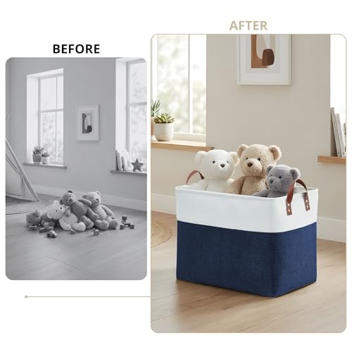 Image of DECOMOMO Large Storage Baskets | Closet Storage Bins 17x12x13inch Canvas Baskets For Storage Laundry Nursery Toys Cloth Linen (Navy Blue & White , XXL - 3 Pack)