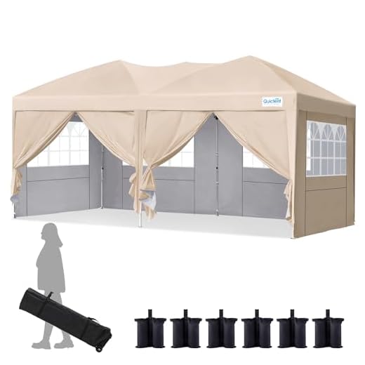 Quictent 10x20 Canopy with Sidewalls, Ez up Canopy Tent for Parties Outdoor Events, 6 Sand Bags Included（Tan）