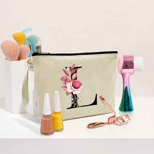 Image of Vavabox A-Z Personalized Makeup Bag, Birthday Gifts for Women Mom, Gifts for Best Friend, Bride Bridesmaid Cosmetic bag (L, Cream Yellow)