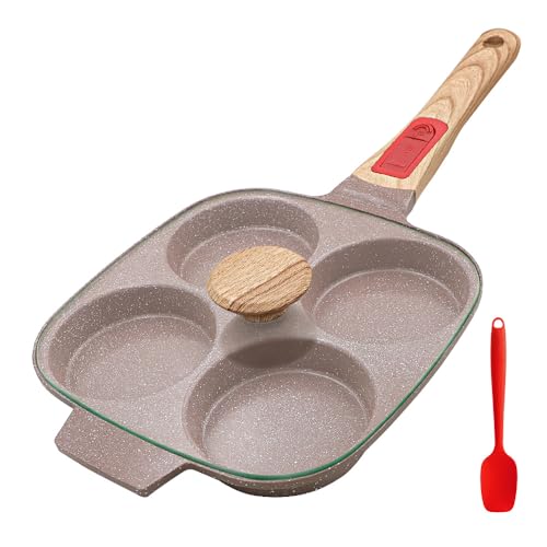 RANX INGST Egg Pan with Lid, Non Stick Ceramic Coating, 4 Cup Pancake Pan with Detachable Handle Burger Pan for Breakfast - Brown