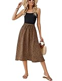 Bluetime Women Floral Print Midi Skirt Summer Beach Pleated Elastic High Waisted A Line Skirt (L, Black Brown)