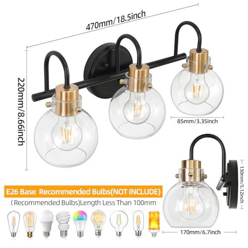 Image of 3 Lights Bathroom Light, Black Gold Vanity Light Fixture, Wall Sconces with Globe Clear Glass Shade, Farmhouse Wall Mount Lamp for Mirror, Kitchen, Porch, Living Room, Workshop