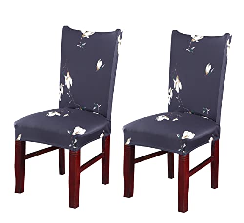 Image of House of Quirk Elastic Chair Cover Stretch Removable Washable Short Dining Chair Cover Protector Seat Slipcover (Pack of 2, Brown Cream Leaf)