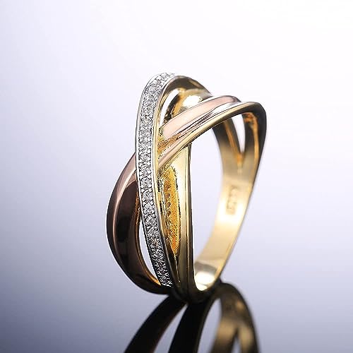 925 Sterling Silver Women's Fashion Tricolor Geometric Line Cross Ring in 18K Rose Gold Ring Sparkling Full Diamond Ring Multi Row Cross Ring Eternity Engagement Wedding Rings Sizes 6-10 562 (10)4