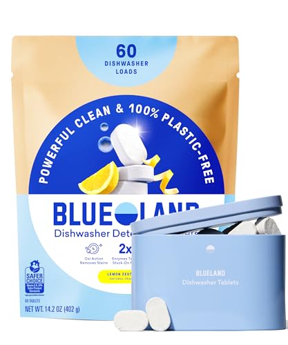BLUELAND 100% Plastic-Free Dishwasher Detergent Tablets, Starter Set, 60 Count with tin, Lemon Zest, Eco-Friendly Dishwashing Pods, Natural, USDA Certified biobased