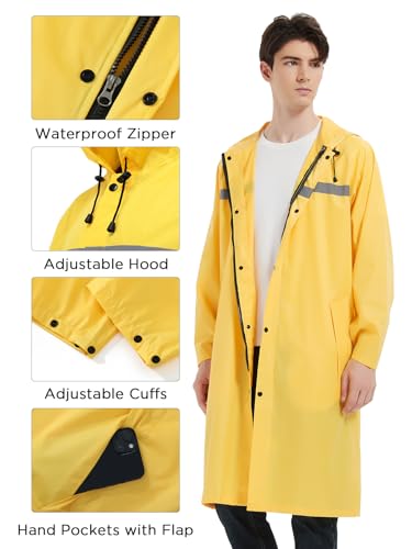 Image of Mens Long Safety Rain Coats with Air Vents Reflective Stripes Waterproof Packable Rain Jacket with Hood Lightweight