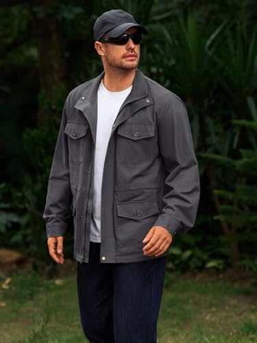 Runcati Mens Military Jacket Full Zip and Button Safari Field Jacket Multi Pocket Cargo Outdoor Coat3