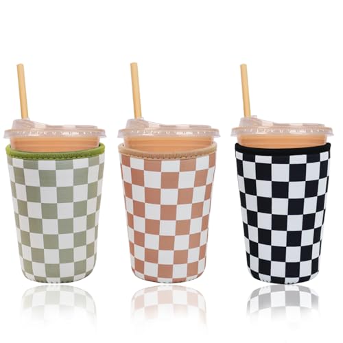 Haevola 3 Pieces Reusable Insulated Neoprene Iced Coffee Cup Sleeve, Durable Drink Sleeve for Cold Beverages, Beverage Holder for Iced Coffee, 22-24 oz Medium (Checkered Delight)