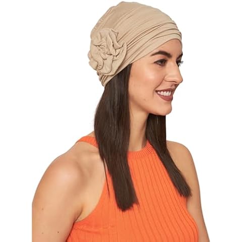 SAKUCHI Women Side Flower Patch Headwear Cap for Chemo Headwrap Beige Cover