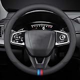 TRROCC Leather Car Steering Wheel Cover, Tricolor Sporty Style, Breathable Laser-Perforated, Pure Black Double Lines, 14.5-15 Inch for BMW