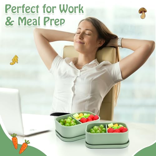 Image of Honeydak 4 Pcs Silicone Bento Box, 3 Compartment Lunch Food Container for Women Men, Leak Proof Microwave Easy to Clean Dishwasher Freezer Safe (Olive Green)