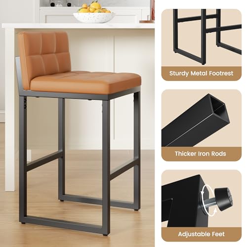 Image of 24 inch Bar Stools Set of 3, Modern Faux Leather Counter Height Bar Stools with Low Back and Footrest, Sturdy Thickened Metal Leg, Upholstered Kitchen Bar Chairs for Island, Orange
