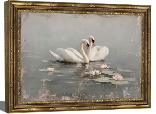 Swan Water Lily Canvas Wall Art Framed Elegant Goose Romantic Lotus Decor Picture Vintage Pond Lotus Leaf Bedroom Living Poster Prints for Resort Corridor Bedroom Room Decoration