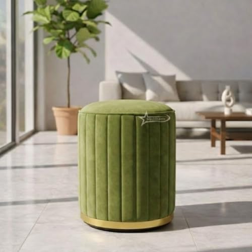 Image of Upholstered Round Linen Strip Stool Living Room Foot Rest Office Stool Pouf Ottoman Padded Seat (Pista Green)