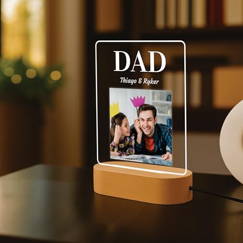 Image of Giftplease Personalized LED Photo Frame for Dad | Custom Name & Single Picture Wooden Engraved Light | Father's Day Present for Papa Father Daddy | Unique Birthday Surprise Tabletop Decor Lamp