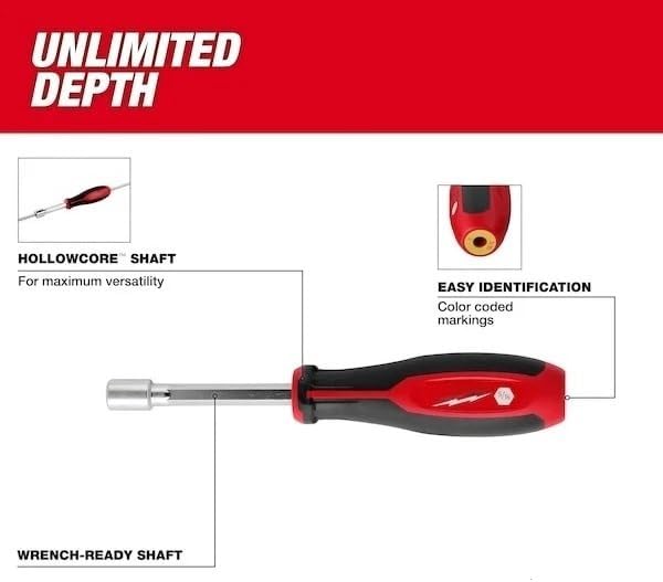 4PC 48-22-2444 for Milwaukee SAE HollowCore Nut Driver Set - Red/Black